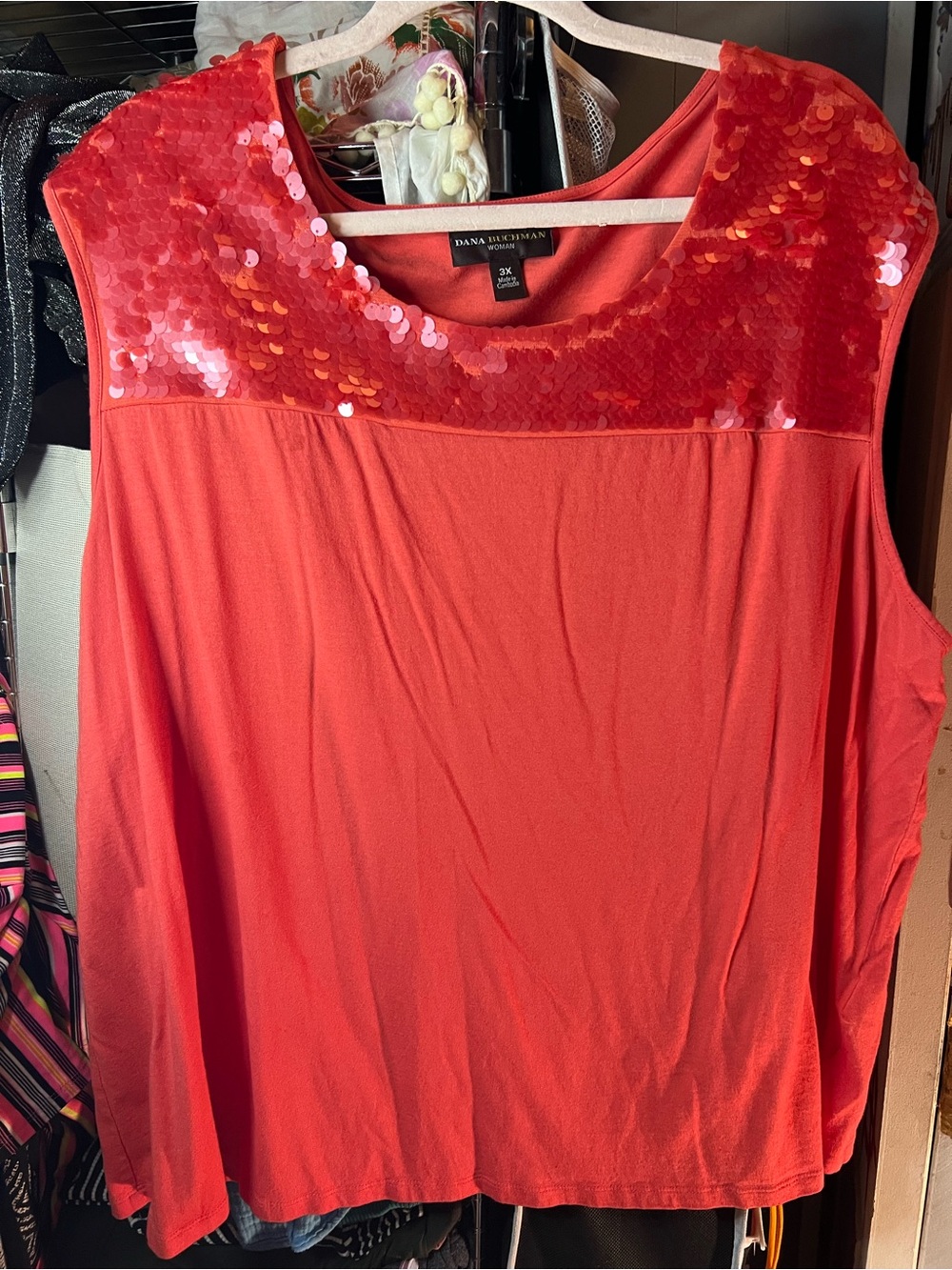 Dana Buchman Coral Sequin Yoke Sleeveless Tank Top